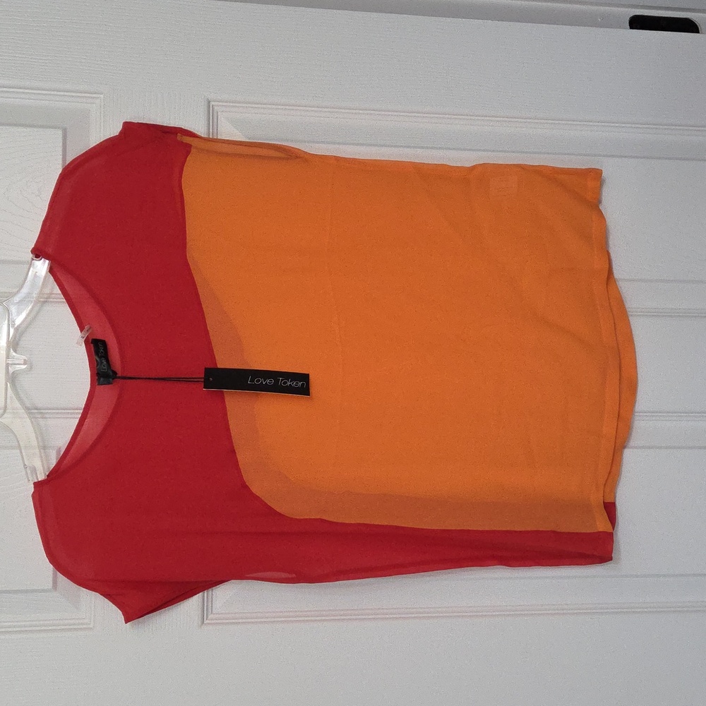 LOVE TOKEN SLEEVELESS SILK SHEER TOP NWT MEDIUM COLORBLOCK SWIRL